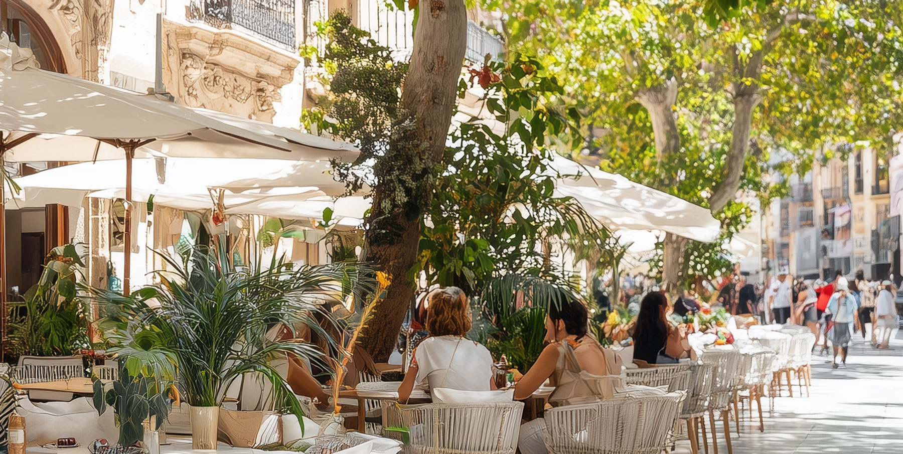 Modernes Tagescafé auf einem sonnigen Platz in Palma de Mallorca mit mediterranem Flair